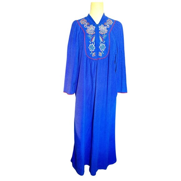 Vintage Vanity Fair Royal Blue Embroidered Zip Robe Lounge Dress Made in USA L/X - Picture 2 of 8